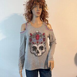Vocal Grey Cold Shoulder Skull Bling Rhinestone Red White Blue Trim Size M